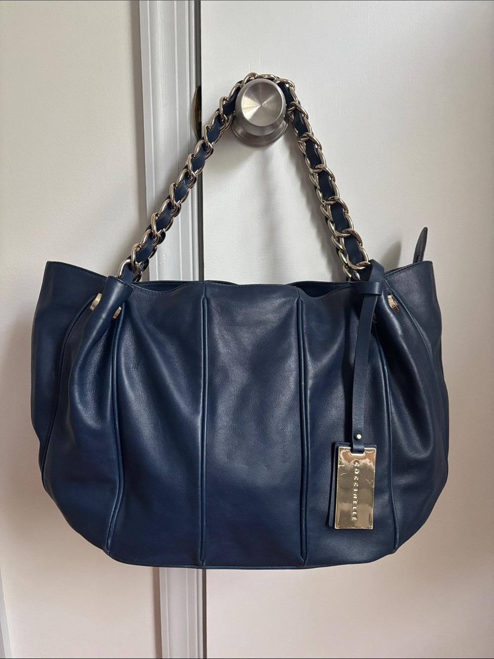 Coccinelle Dark Blue Leather Shoulder Tote with Gold Chain Strap